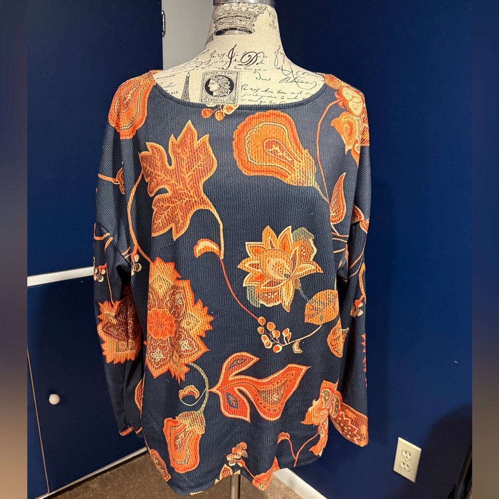 Floral Long Sleeve Top - Orange and Navy